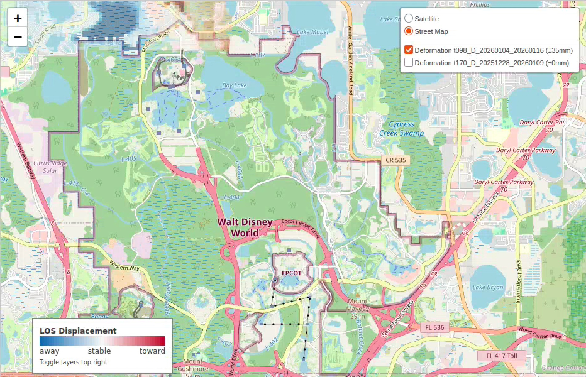 Ground deformation over a major commercial / theme park complex