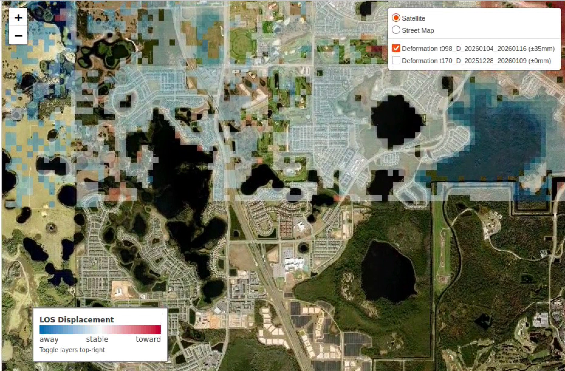 Sample ground deformation overlay on satellite imagery